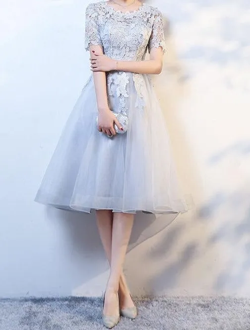 Smoke gray lace appliques knee length formal prom dress