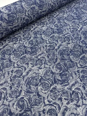 Stretch Denim Printed - Blue Roses