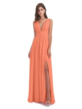 Sunset Bridesmaid Dress Charming Chiffon V Neck Split Long Bridesmaid Dresses