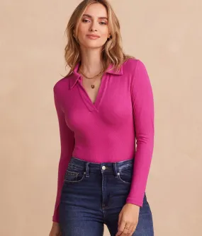 The Essential Long Sleeve Collared Bodysuit - Hibiscus