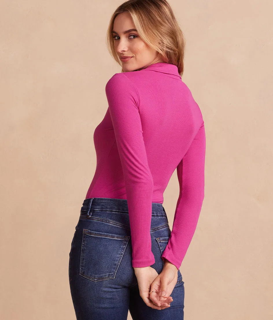 The Essential Long Sleeve Collared Bodysuit - Hibiscus