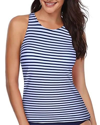 Tummy Control Tank Tops Swimsuits Modest Bathing Suit Tops-Blue And White Stripes