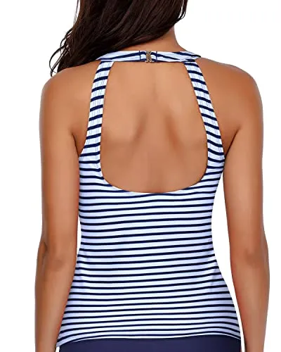 Tummy Control Tank Tops Swimsuits Modest Bathing Suit Tops-Blue And White Stripes