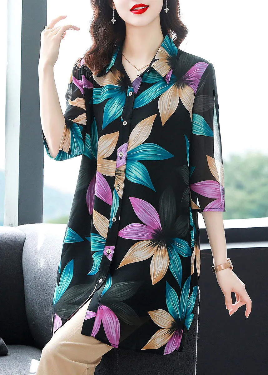 Unique Floral Peter Pan Collar Patchwork Chiffon Shirt Tops Summer TF1028