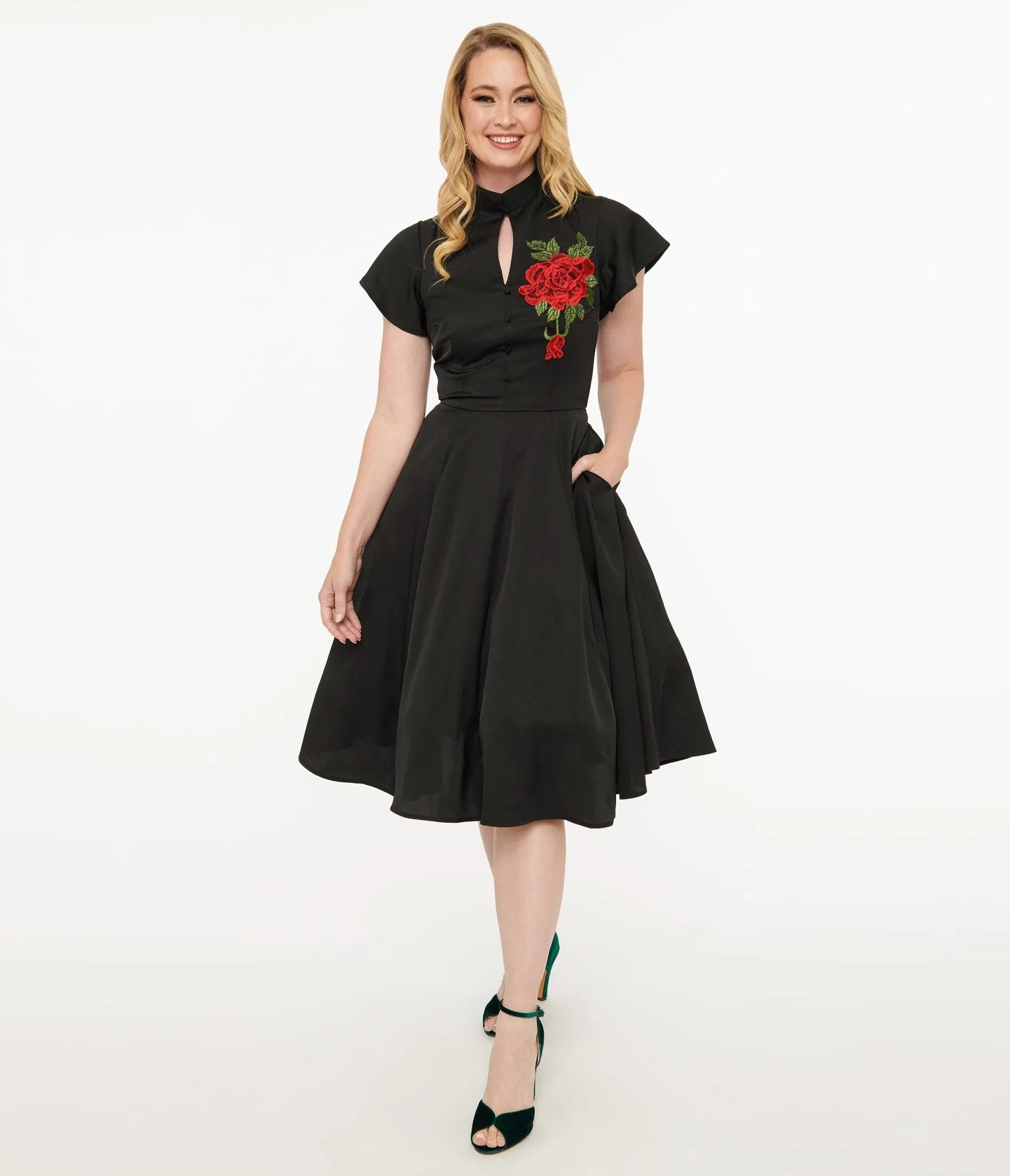 Unique Vintage 1940s Black & Red Poinsettia Baltimore Swing Dress