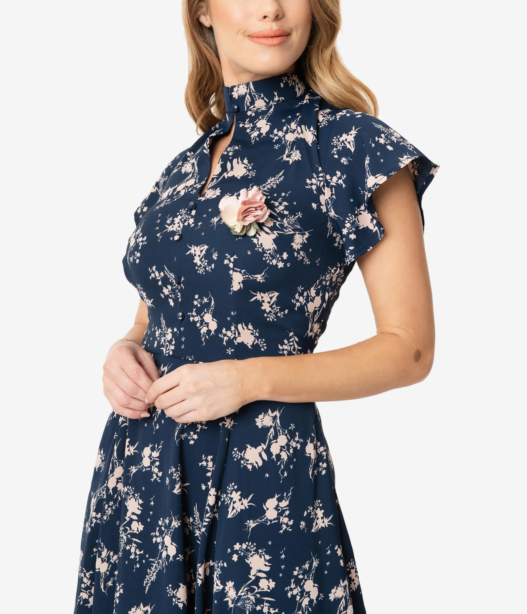 Unique Vintage 1950s Navy & Pink Floral Baltimore Swing Dress