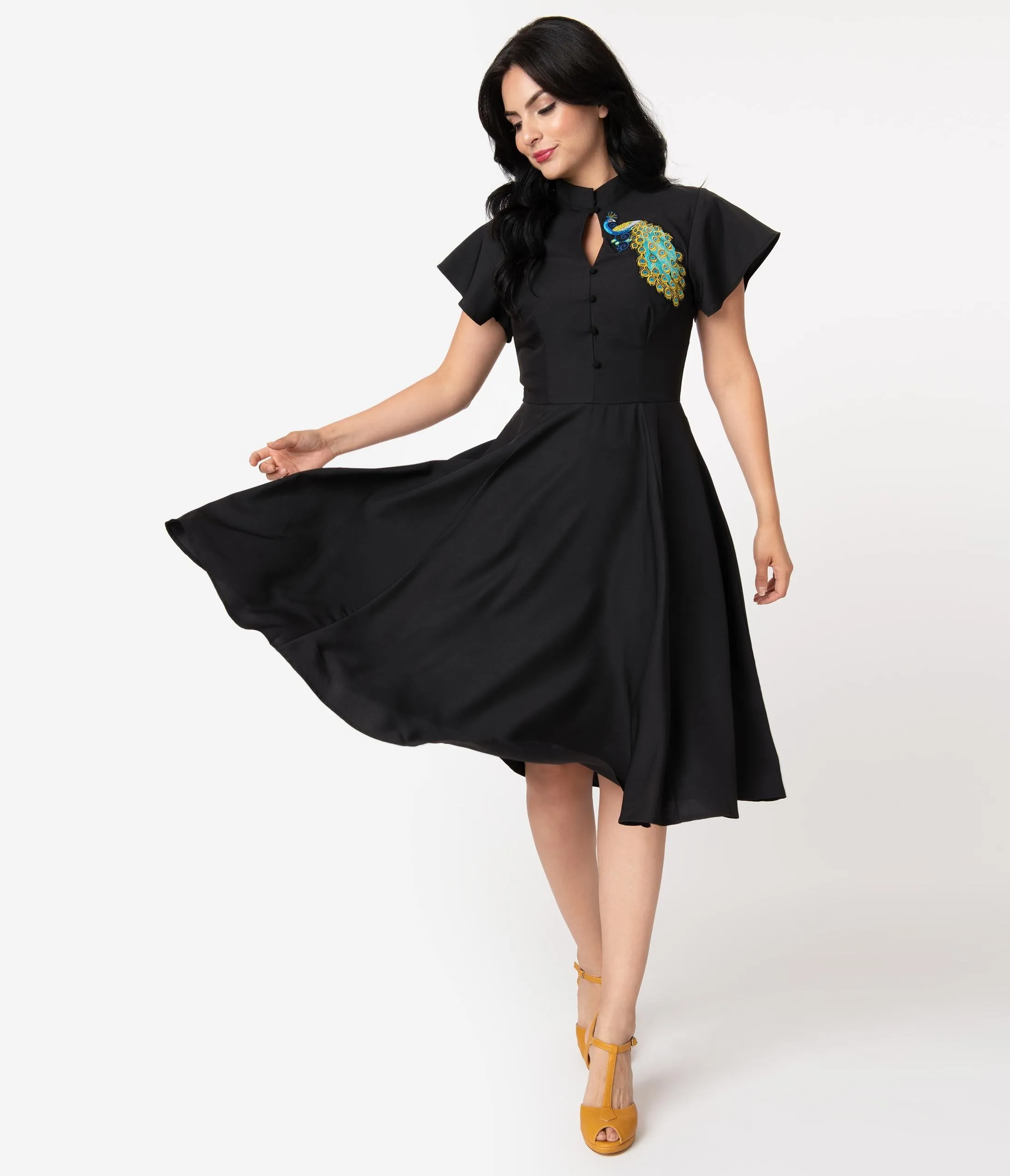 Unique Vintage Black & Embroidered Peacock Baltimore Swing Dress