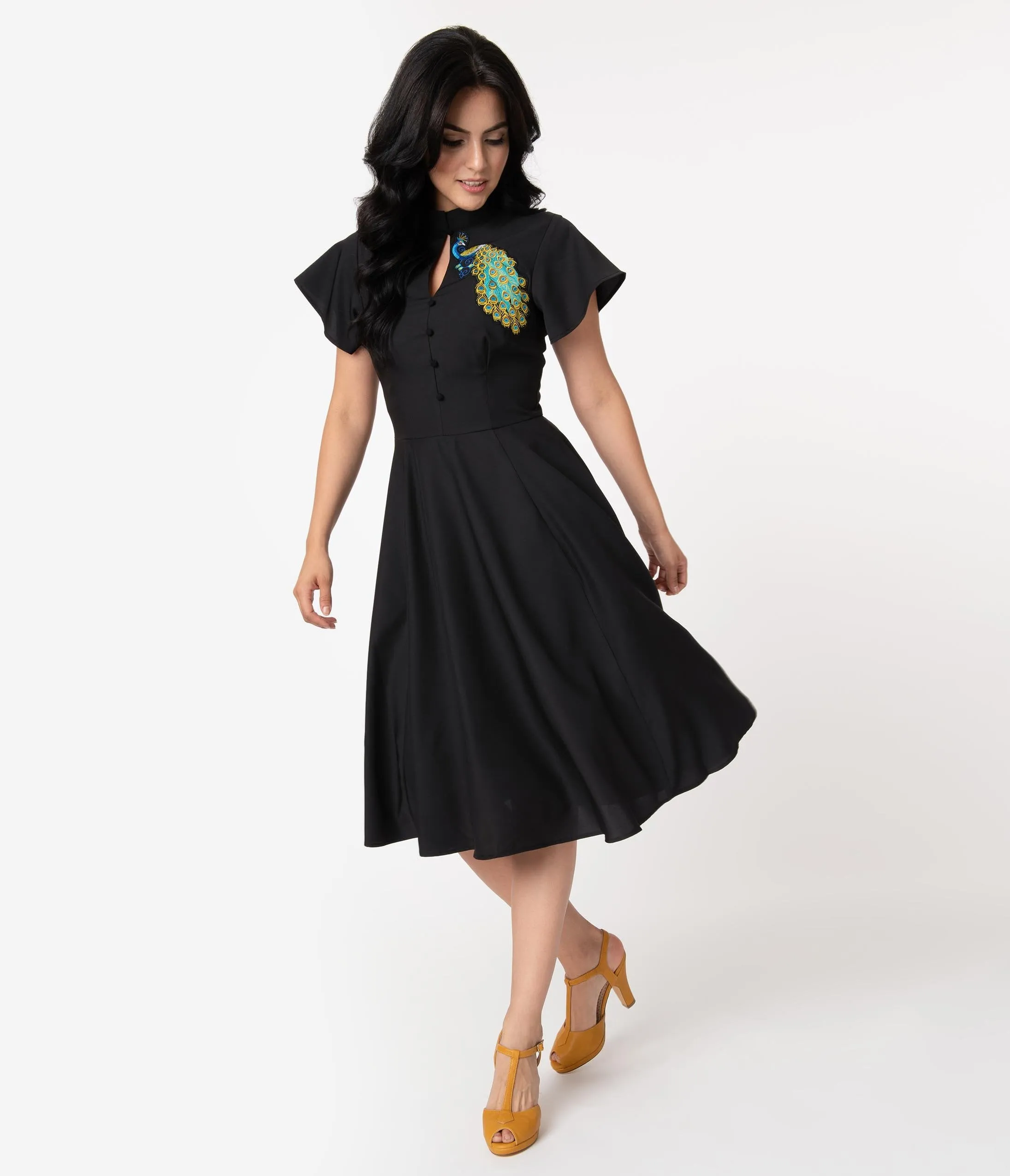 Unique Vintage Black & Embroidered Peacock Baltimore Swing Dress