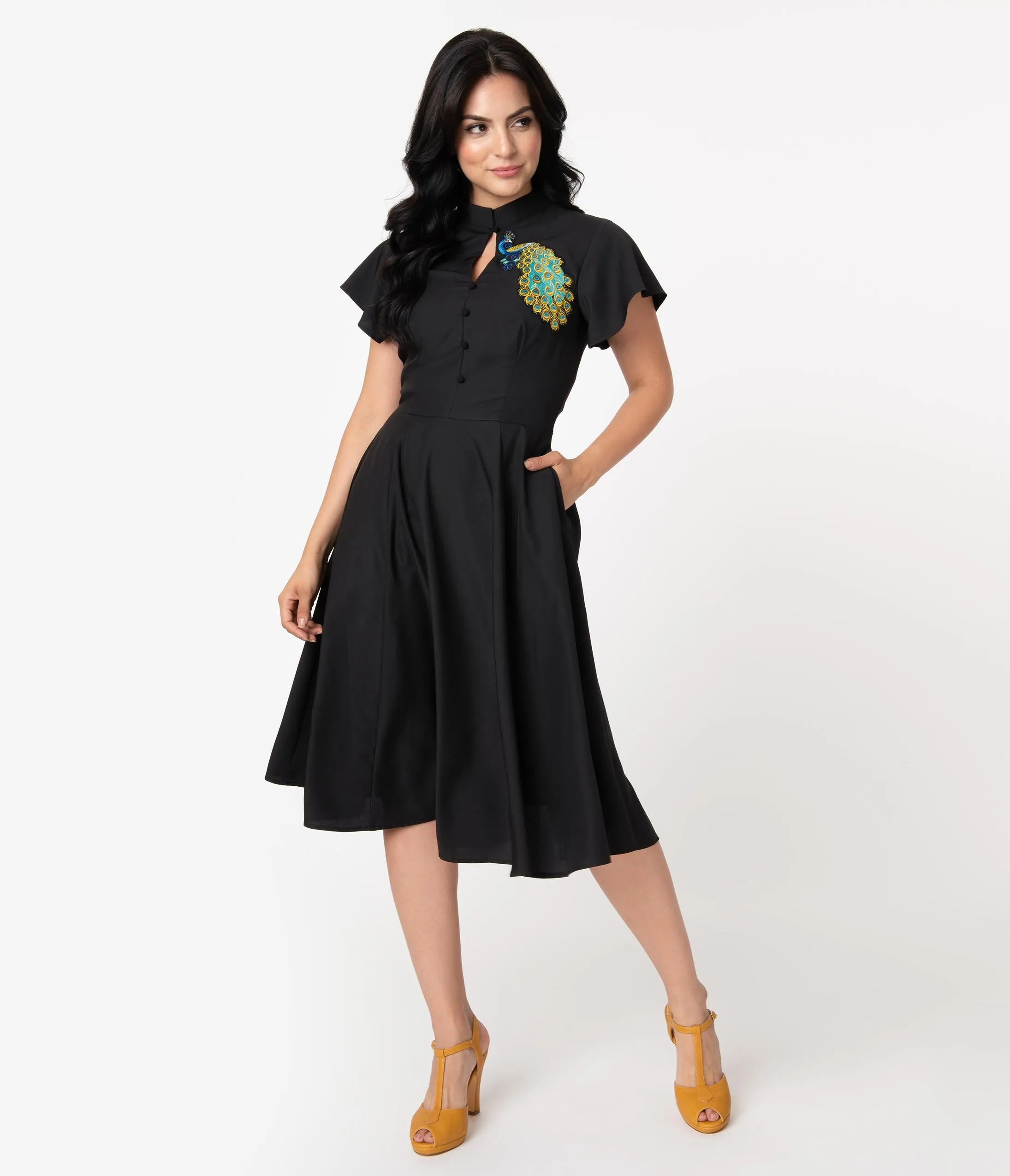 Unique Vintage Black & Embroidered Peacock Baltimore Swing Dress