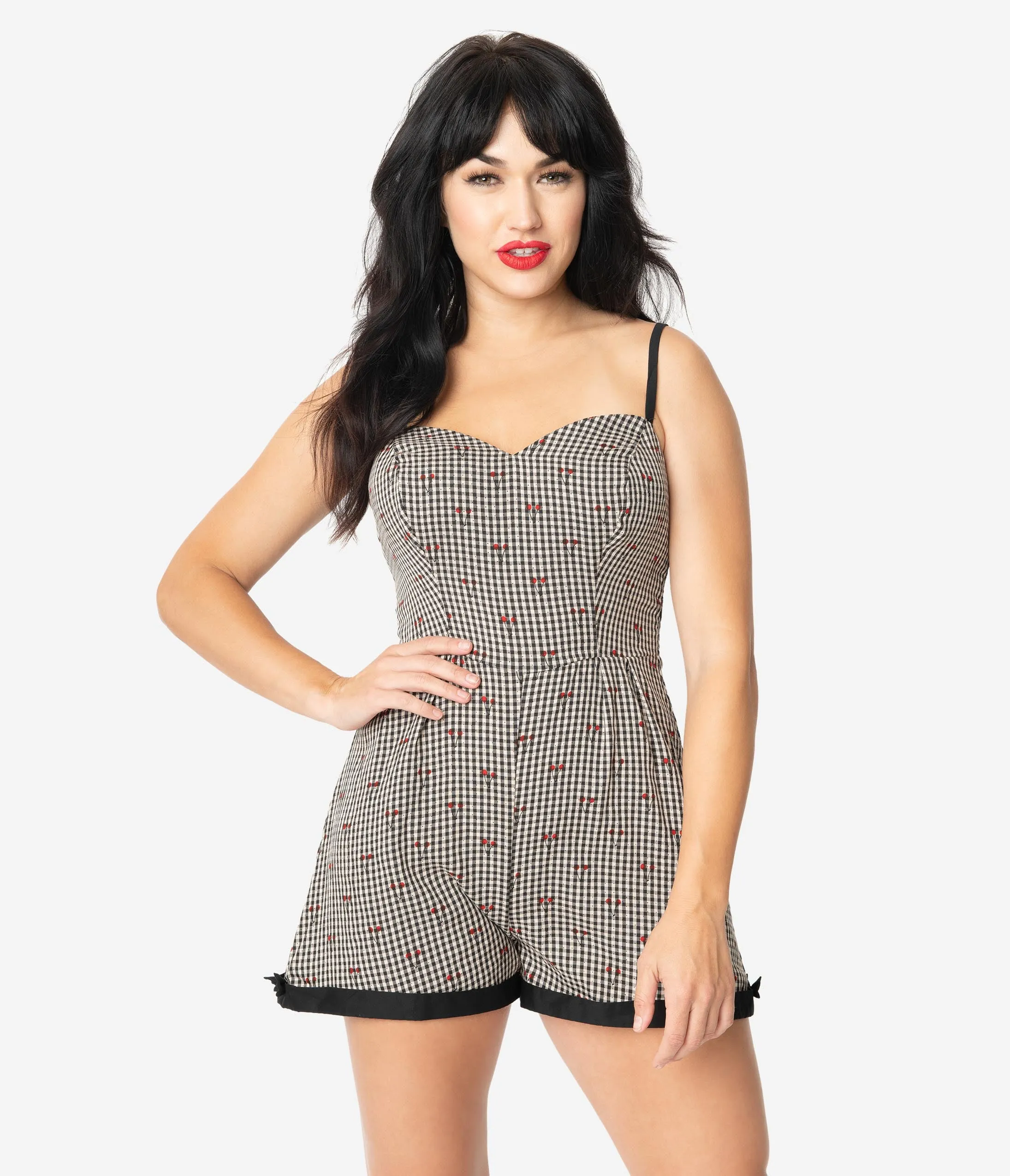 Unique Vintage Black Gingham & Cherry Print Ossining Romper