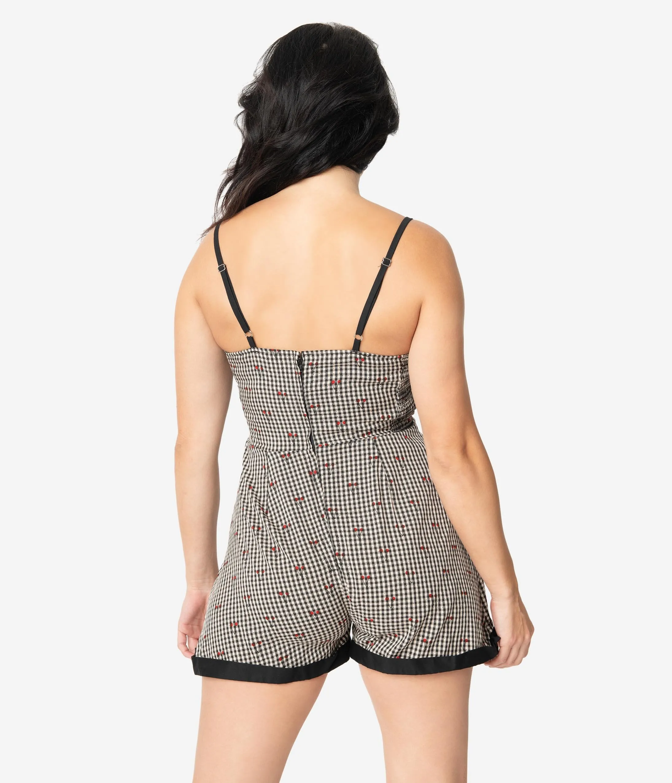 Unique Vintage Black Gingham & Cherry Print Ossining Romper