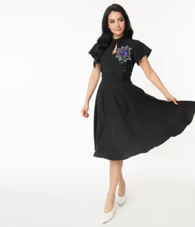 Unique Vintage Black Spiderweb & Purple Rose Baltimore Swing Dress