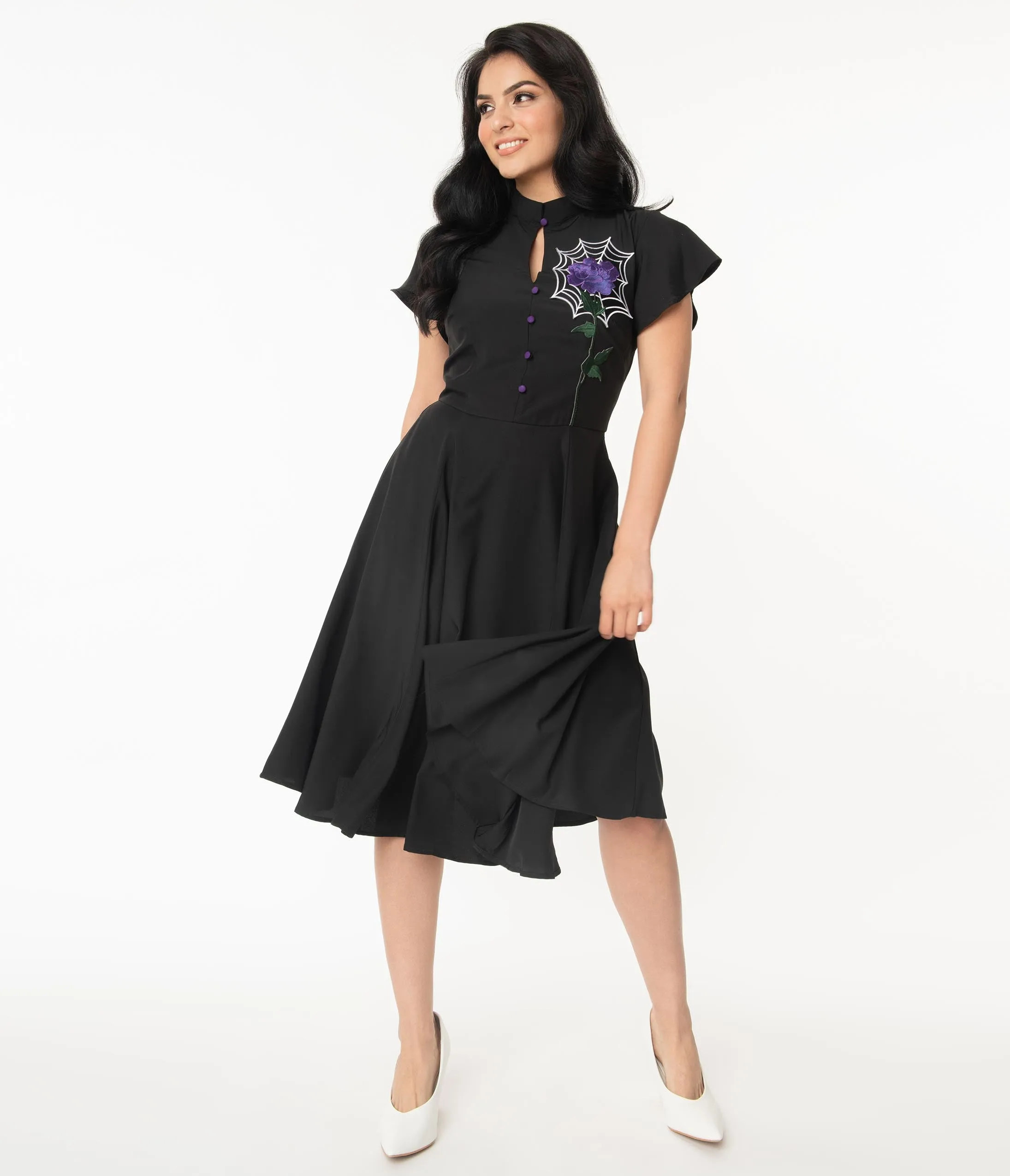 Unique Vintage Black Spiderweb & Purple Rose Baltimore Swing Dress