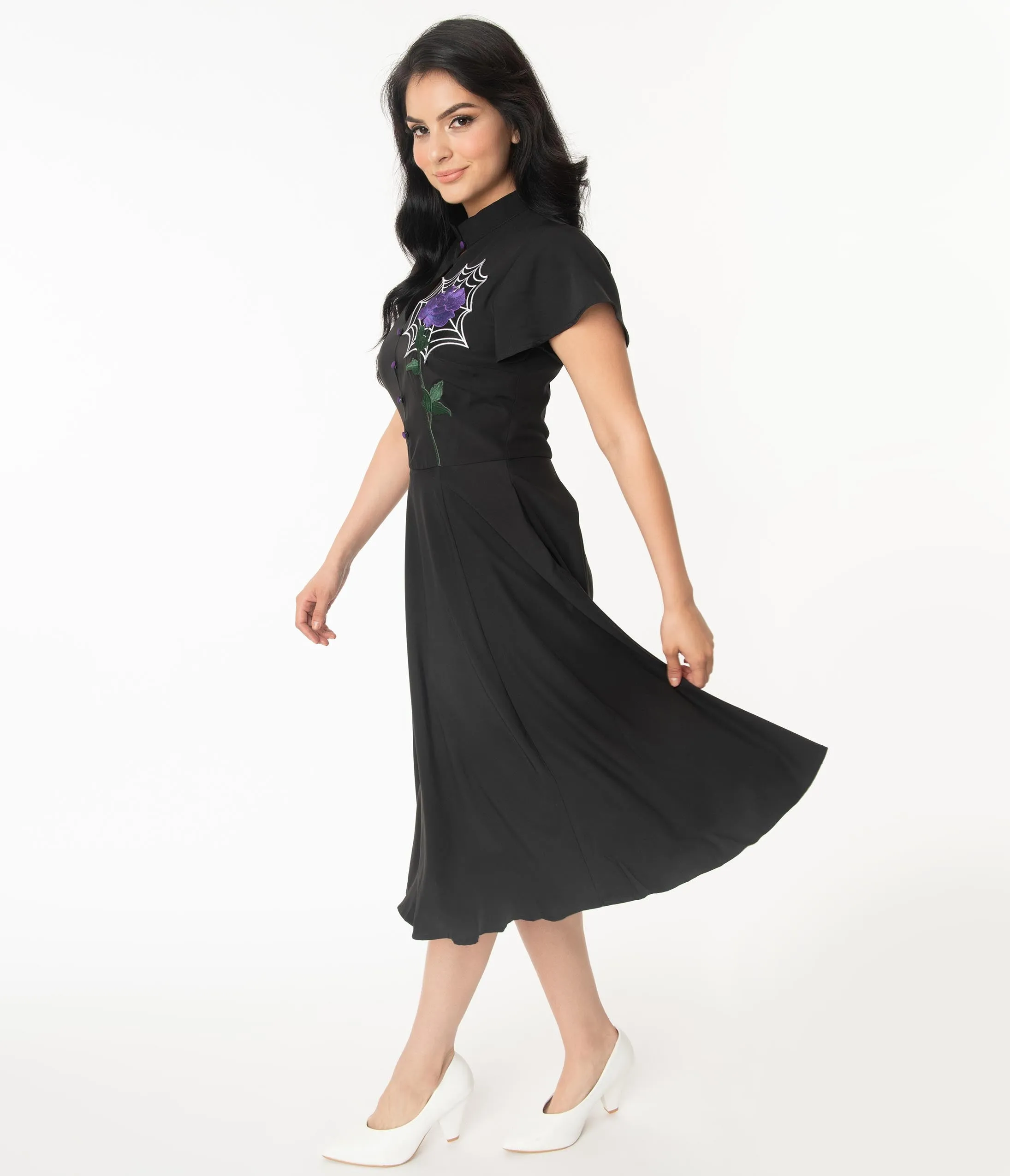 Unique Vintage Black Spiderweb & Purple Rose Baltimore Swing Dress