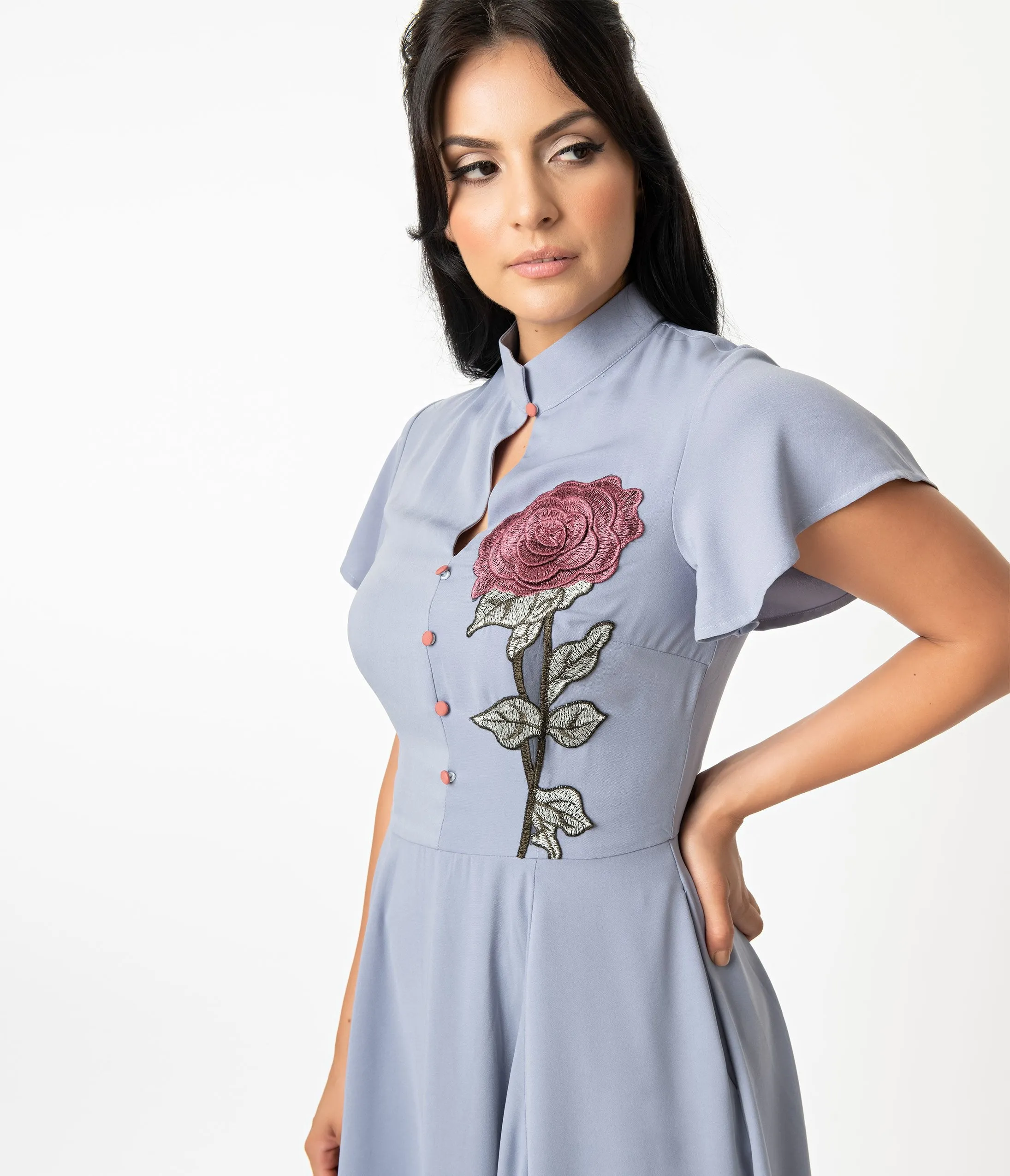 Unique Vintage Dusty Lavender & Embroidered Rose Baltimore Swing Dress