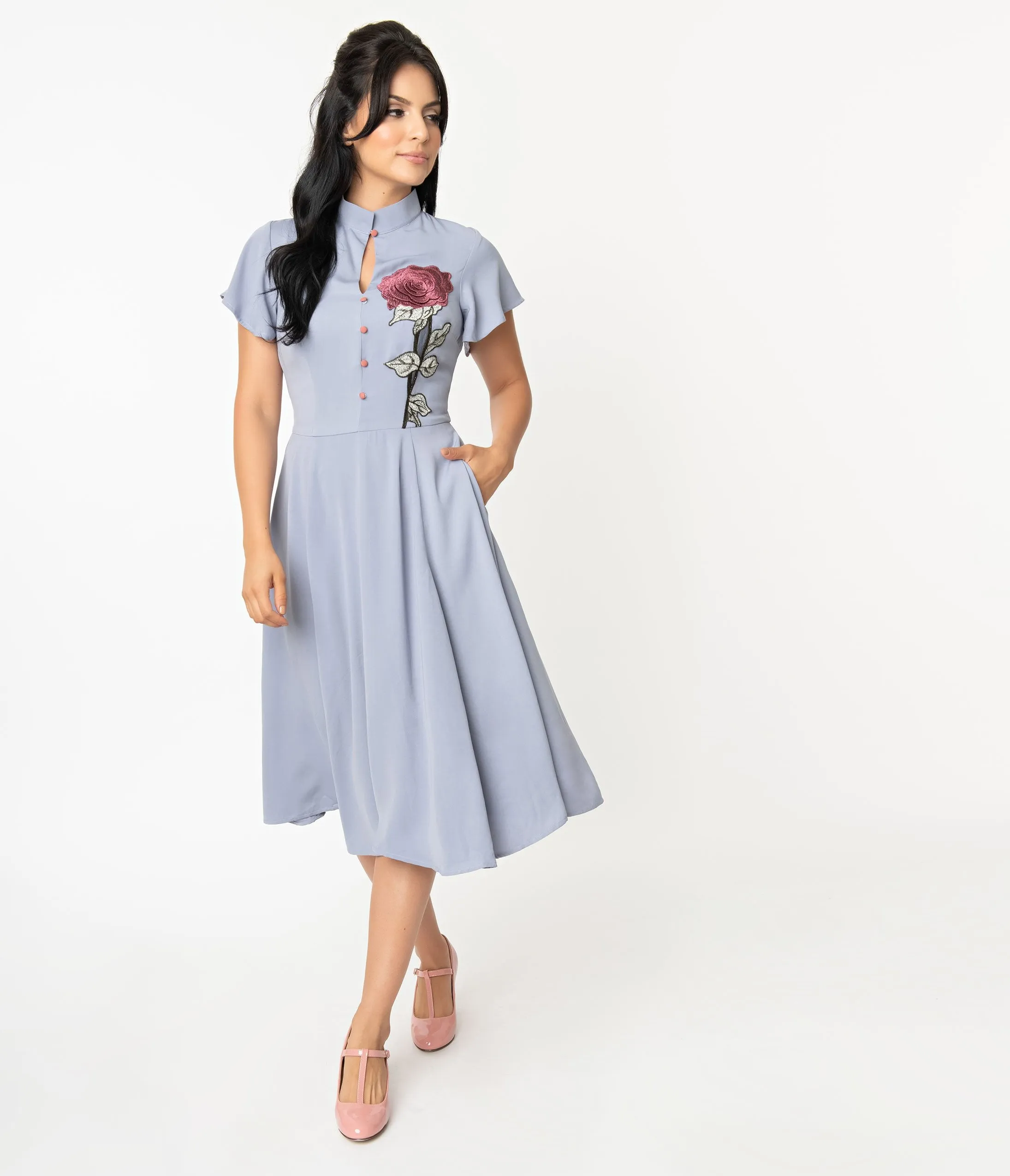 Unique Vintage Dusty Lavender & Embroidered Rose Baltimore Swing Dress