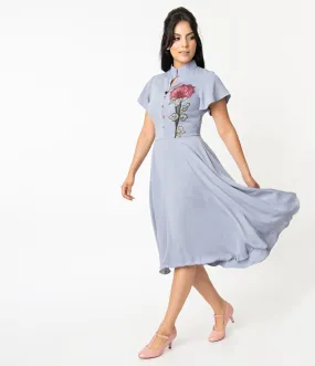 Unique Vintage Dusty Lavender & Embroidered Rose Baltimore Swing Dress