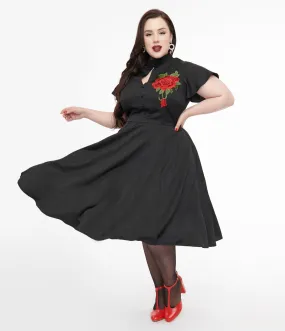 Unique Vintage Plus Size 1940s Black & Red Poinsettia Baltimore Swing Dress