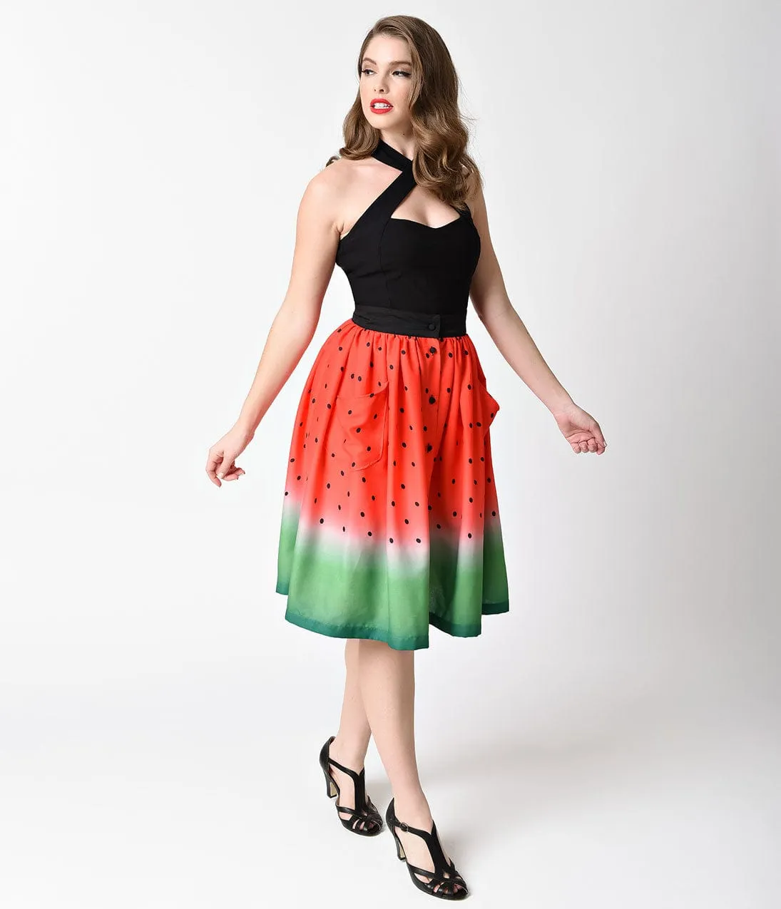 Unique Vintage Watermelon Ombre Button Up Elora Swing Skirt