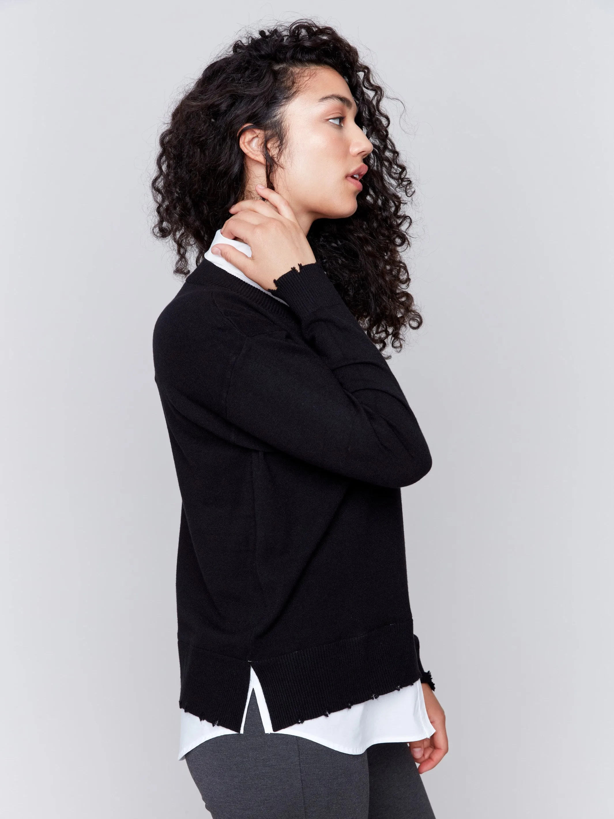 V-Neck Fooler Sweater with Shirt Collar - Black