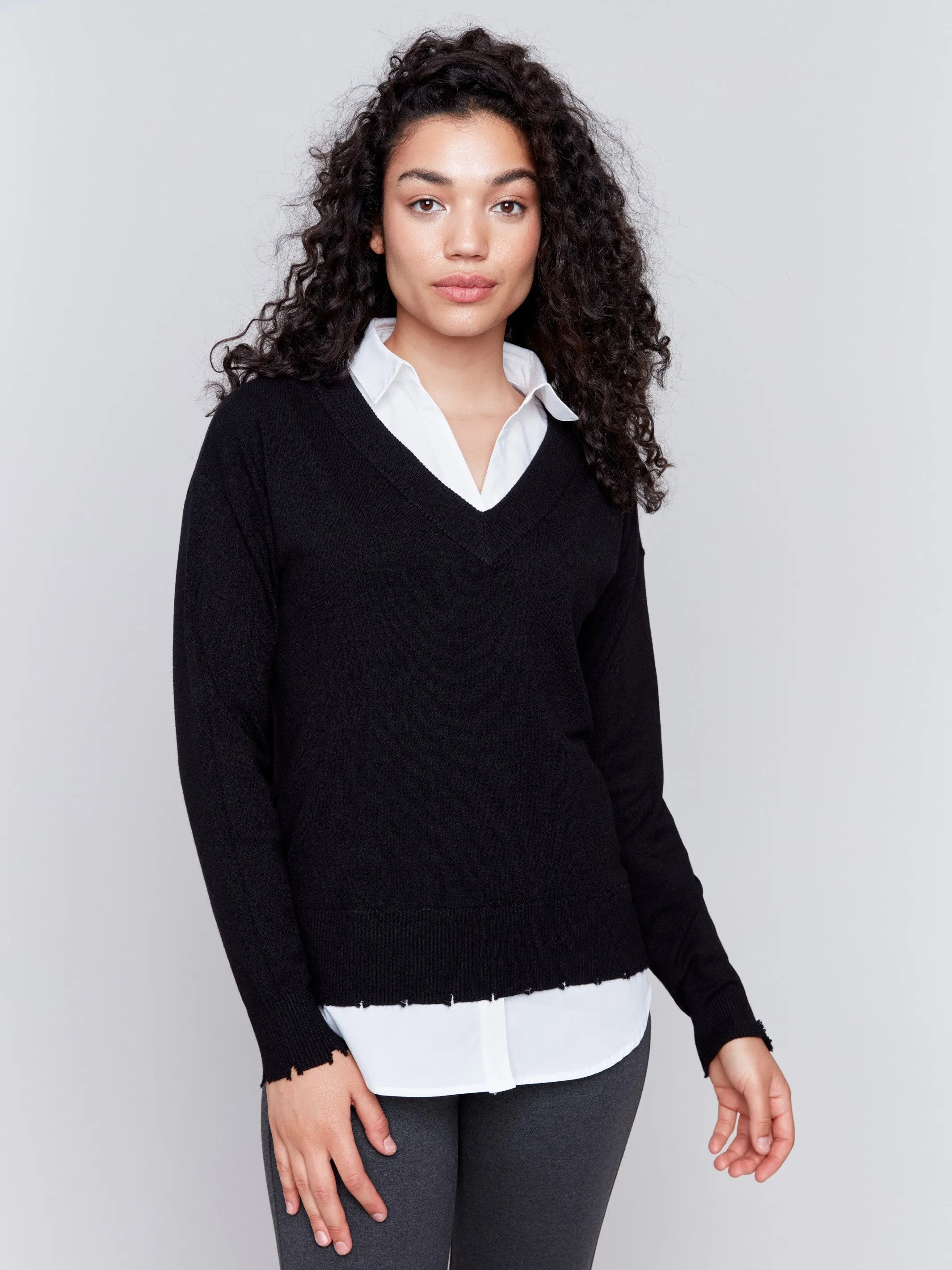 V-Neck Fooler Sweater with Shirt Collar - Black