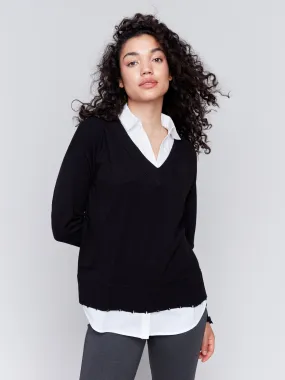 V-Neck Fooler Sweater with Shirt Collar - Black