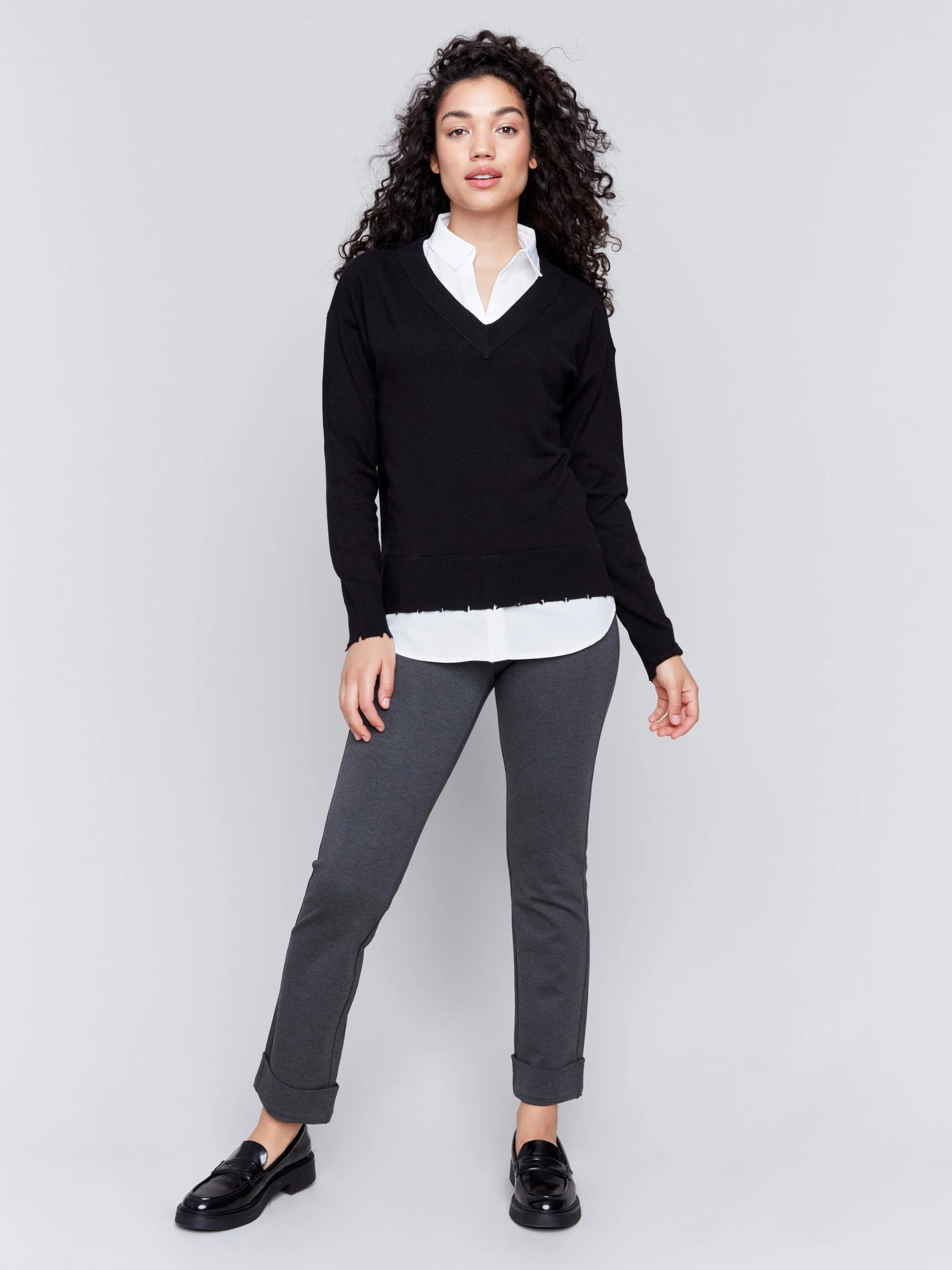 V-Neck Fooler Sweater with Shirt Collar - Black