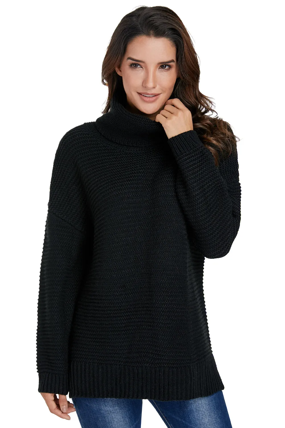 Women Black Cozy Long Sleeves Turtleneck Sweater