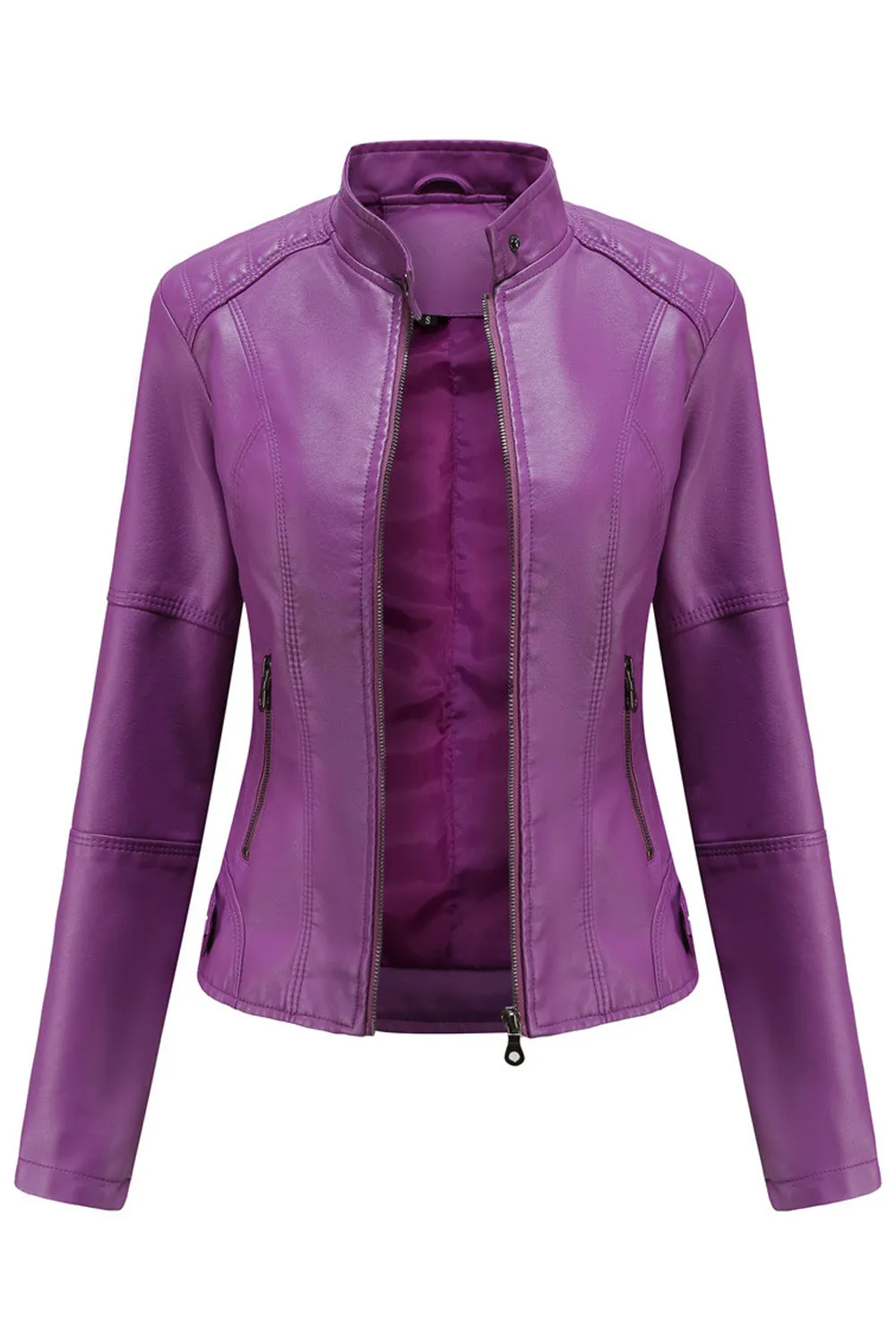 Women Fashionable Warm Solid Colored Leather Jacket - WJC23205