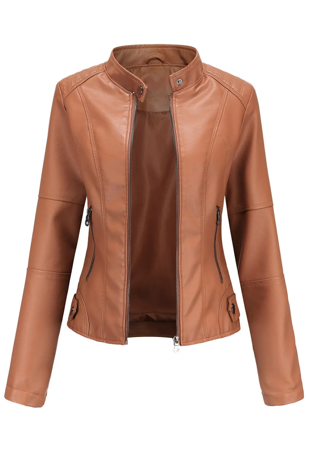 Women Fashionable Warm Solid Colored Leather Jacket - WJC23205