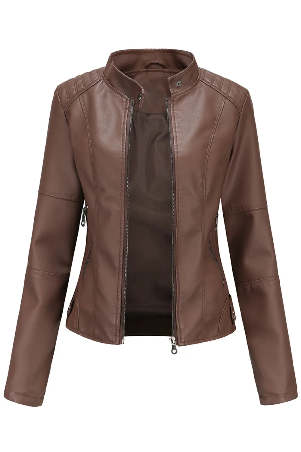 Women Fashionable Warm Solid Colored Leather Jacket - WJC23205