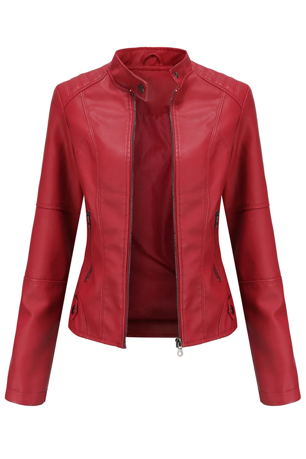 Women Fashionable Warm Solid Colored Leather Jacket - WJC23205