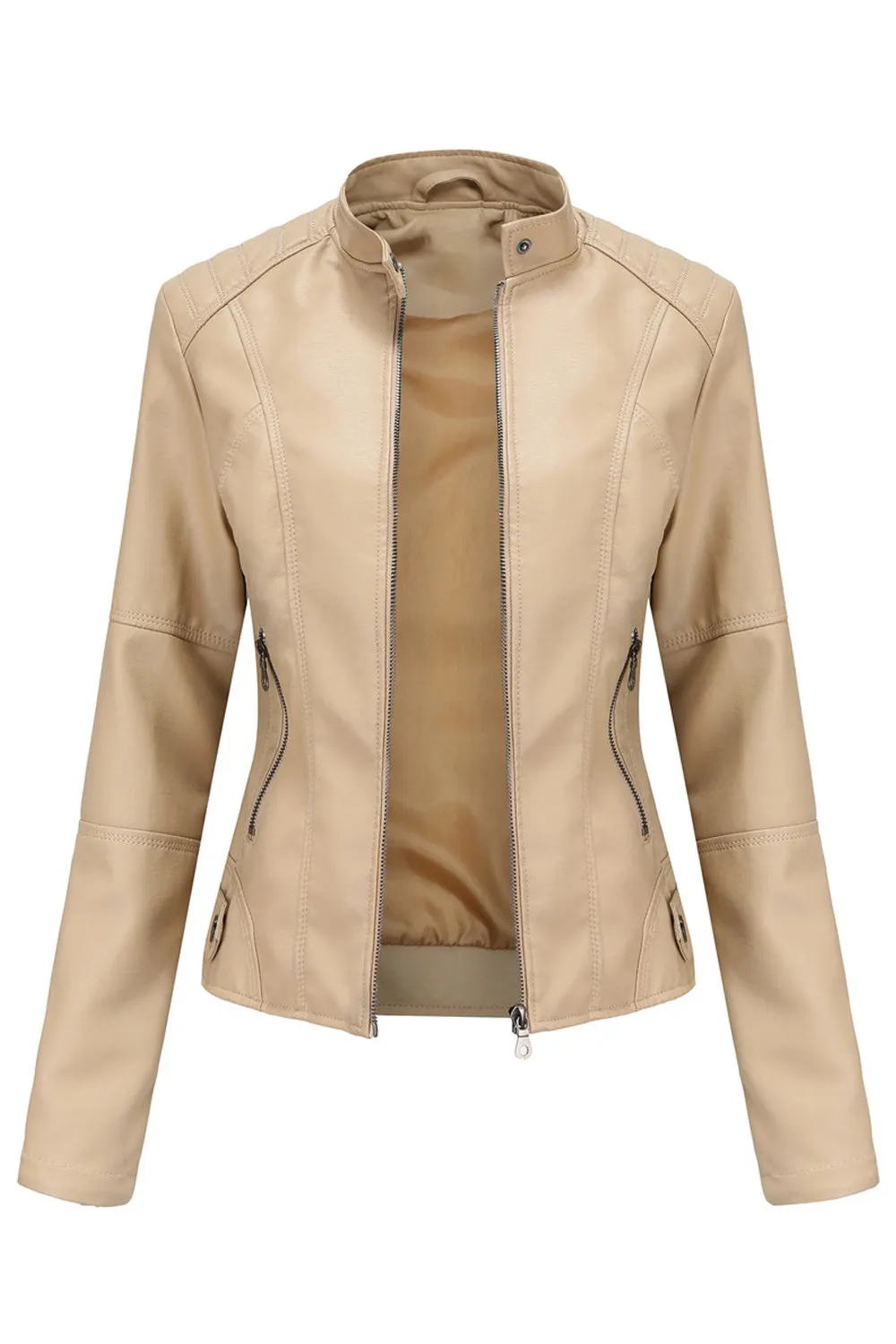 Women Fashionable Warm Solid Colored Leather Jacket - WJC23205