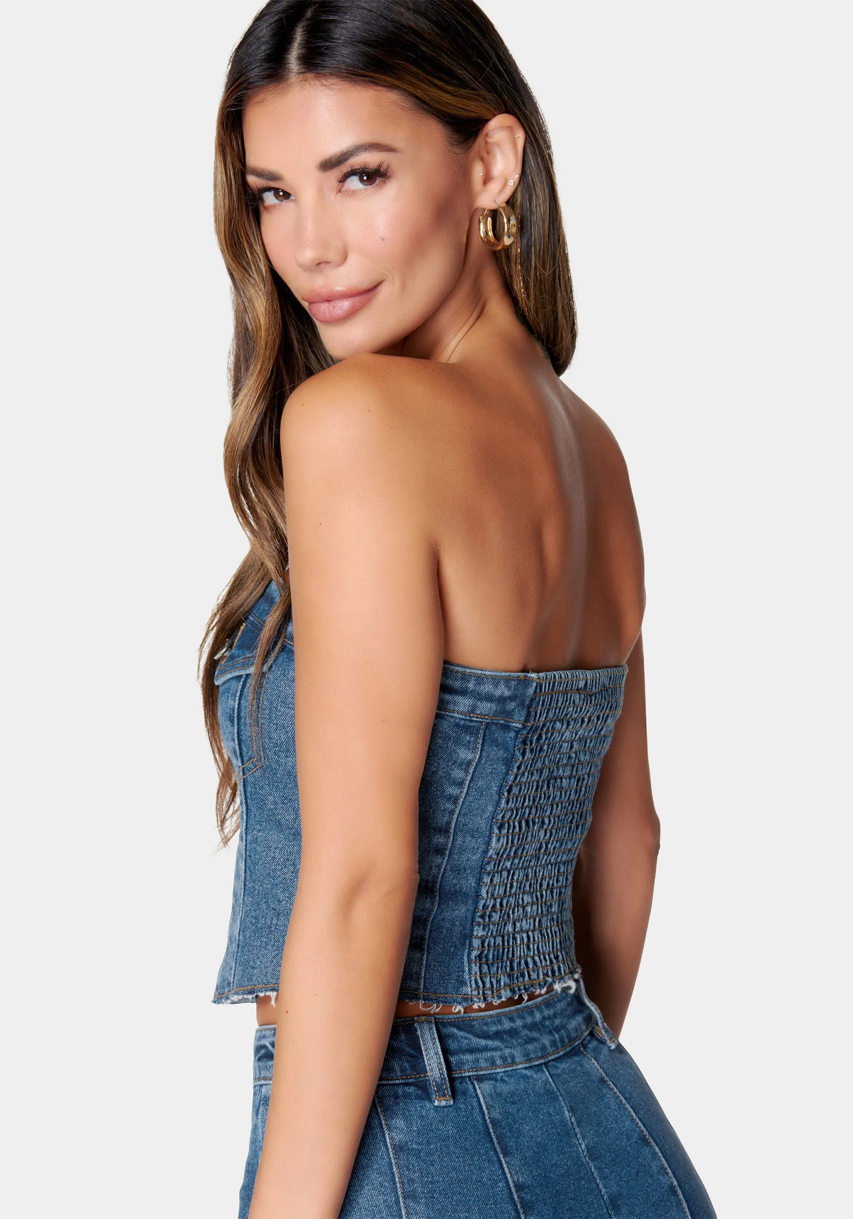 Zip Front Smocked Back Denim Bustier